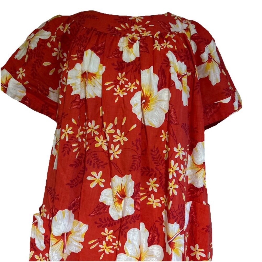 Vtg Sears Housecoat Red Floral 60s 70s Maxi Dress Mod Pockets Muumuu Hawaiian S - Picture 3 of 11